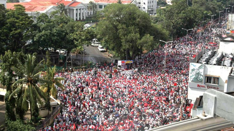 File photo of a massive protest against government policies being taken out in front of the secretariat.