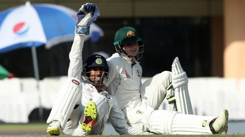In a comical turn of events, Wriddhiman Saha pounced on Steve Smith, was Ravindra Jadejas delivery lodged itself between the Aussie skippers legs. (Photo: BCCI)