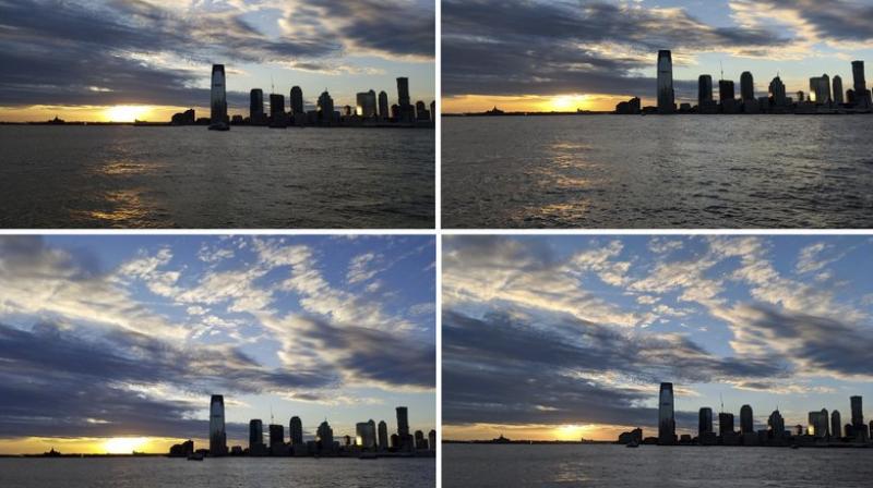 This combo shows photos of a sunset along the Hudson River, taken in New York with a view of New Jersey. Starting at the top left and going clockwise, the phones used are Samsungs Galaxy S9, Apples iPhone X, Googles Pixel 2 XL and Samsungs Galaxy Note 8. All top-end phones take decent photos, even in challenging low-light conditions, though there are some color variations. (AP Photo/Nick Jesdanun)