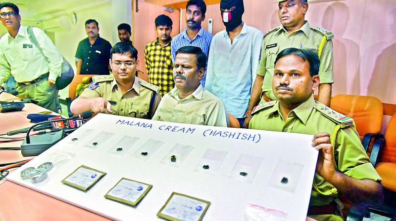 Police present the hashish which was seized last night during a press conference at Abkari Bhavan on Sunday.  	DC