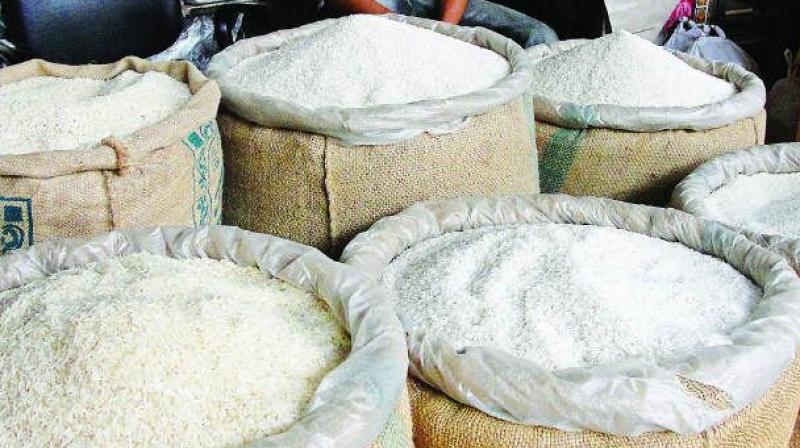 Rice prices in India fell due to ample supply and recent slide in the rupee.
