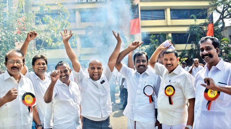 DMK workers celebrate after M. K. Stalin is announced the new working president at Anna Arivalayam on Wednesday. (Photo: DC)