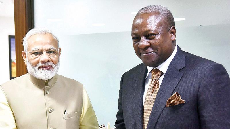 Prime Minister Narendra Modi meets former Ghana president John Dramani Mahama in Gandhinagar, Gujarat, on Tuesday. (Photo: PTI)