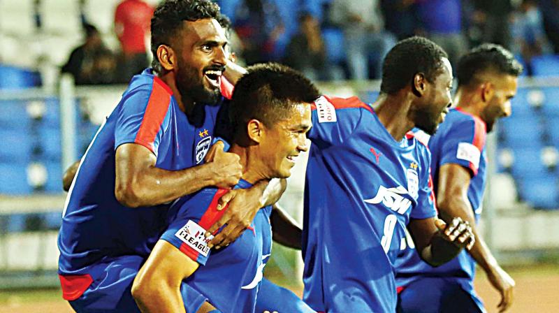 Bengaluru FCs CK Vineeth celebrates after scoring against Mumbai FC on Wednesday (Photo: R. SAMUEL)