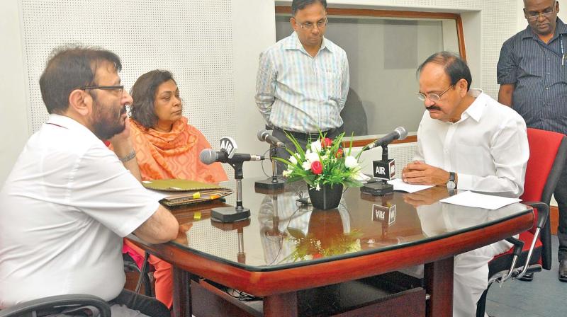 Union minister of urban development, housing & urban poverty alleviation and information & broadcasting M. Venkaiah Naidu recording message on the history of All India Radio during his visit to the AIR Chennai station on  Saturday. (Photo: DC)