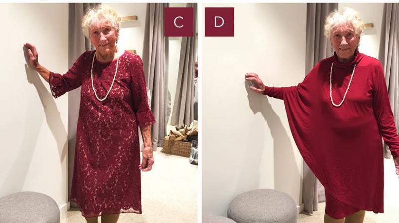 93-year-old bride Sylvia wearing a couple of her wedding dress selections. (Photo: Sylvia Frank wedding dress Birdsnest Facebook)