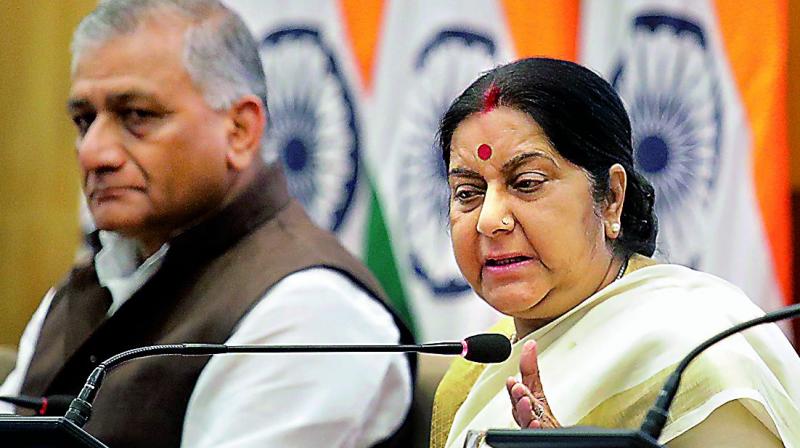 Union minister Sushma Swaraj at a press conference on completion of three years of NDA government.