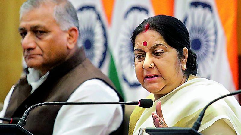 Union minister Sushma Swaraj at a press conference on completion of three years of NDA government.