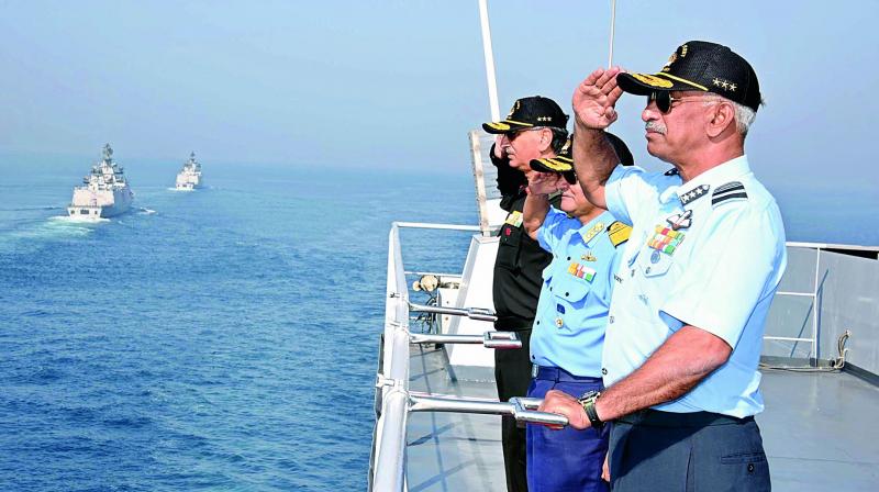 Flag Officer Commanding-in-Chief Eastern Naval Command, Vice Admiral HCS Bisht along with General Officer Commanding-in-Chief Eastern Command and Air Marshal, Lieutenant General Praveen Bakshi and Air Officer Commanding-in-Chief Eastern Air Command, Air Marshal C. Hari Kumar witness the Tri-Service (Eastern Theatre) Commanders Conference held in Bay of Bengal from onboard INS Shakti on Monday.