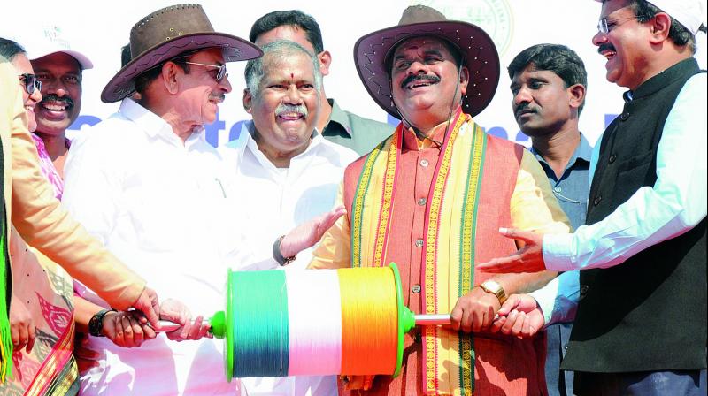 Deputy CM Mohammad Mahmood Ali along with Minister Chandu Lal and Speaker Swamy Goud at the Kite Festival at Parade Ground on Saturday. (Photo: DC)