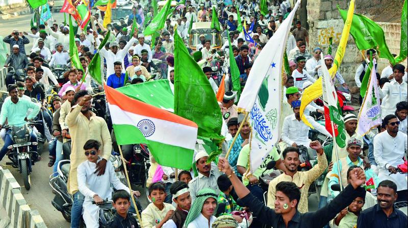 Thousands of Muslims take part on Monday in a massive rally as part of the Milad-un-Nabi celebrations at Secunderabad. (Photo: DC)