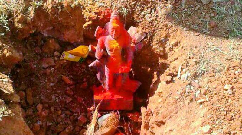 A Panchaloha idol of Lord Saneshwara was found in a plot while digging near here. The discovery of the three-foot idol weighing about 5 kg created a stir in Qutballapur village of Abdullahpur-met mandal in Ranga Reddy district.