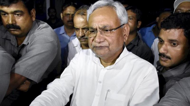 Bihar Chief Minister Nitish Kumar speaks to the media after meeting Governor KN Tripathi, in Patna on Wednesday. (Photo: PTI)