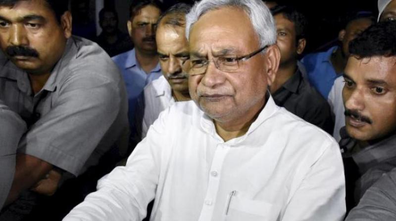 Bihar Chief Minister Nitish Kumar speaks to the media after meeting Governor KN Tripathi, in Patna on Wednesday. (Photo: PTI)