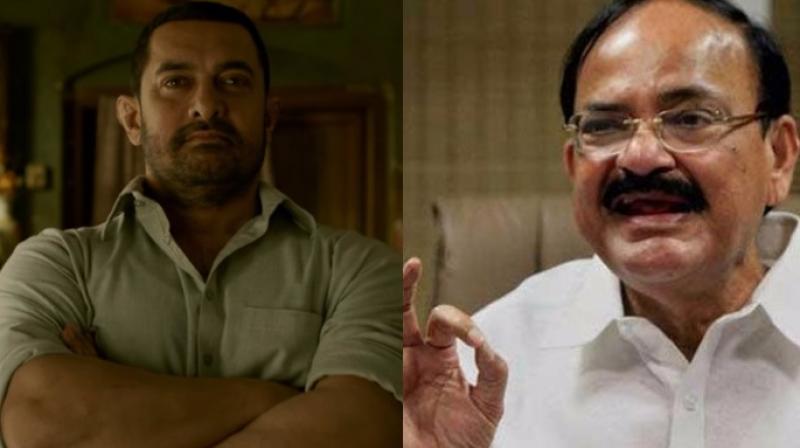 Aamir Khan in a still from the film Dangal (L) and Information & Broadcasting Minister M Venkaiah Naidu (R).