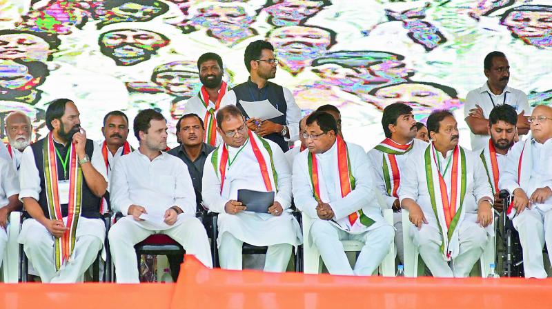 Congress president Rahul Gandhi along with other leaders at a public meeting in at Shamshabad on Monday.  (Photo: P Surendra)