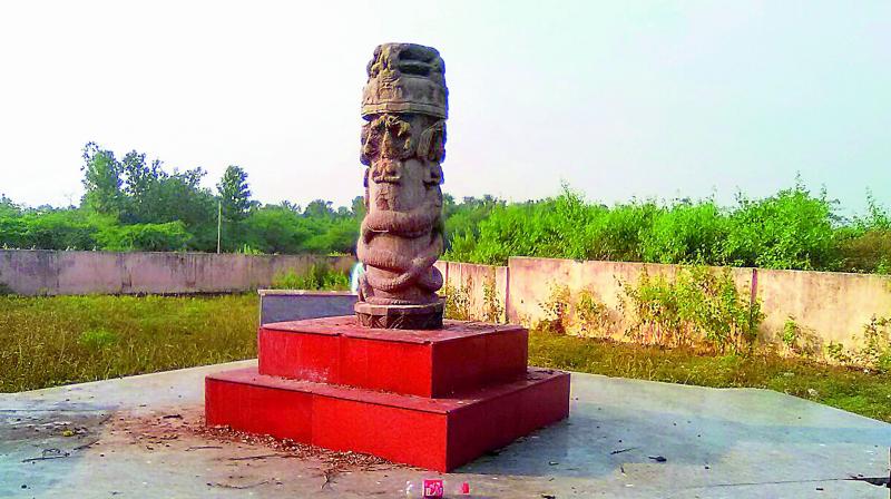 The historic victory pillar set up by emperor Sri Krishnadevaraya about 500 years ago at Potnuru village in Padmanabham mandal of Visakhapatnam district cries for attention. (Photo: DC)