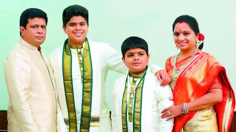 Kavitha Kalvakuntala with her husband Anil Kumar and sons Aaditya and Aarya.