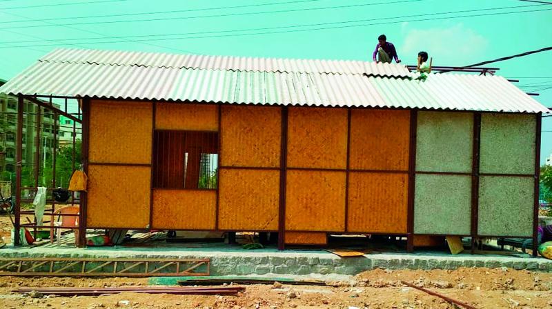 Shed made of plastic waste under construction at KPHB.   (Photo:DC)