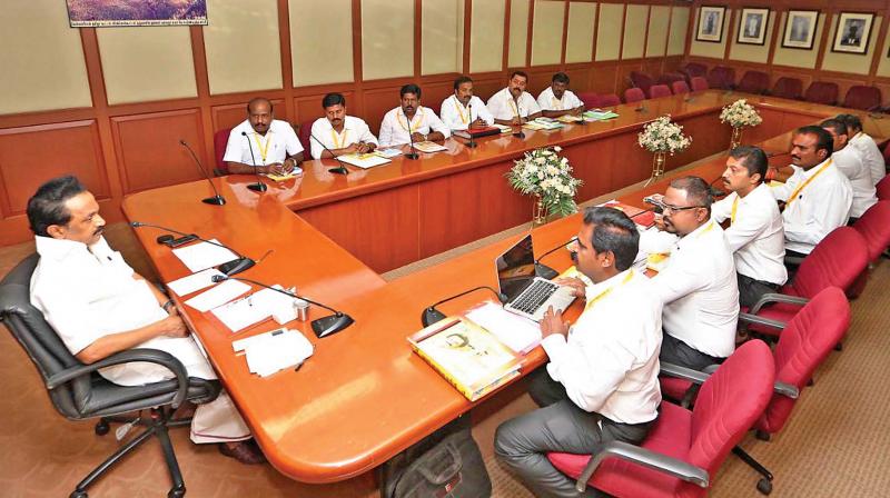 DMK working president M. K. Stalin presides over party wing member meeting at Anna Arivalayam on Saturday.  (Photo:DC)