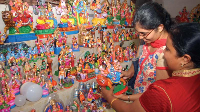 Dasara dolls being sold at a shop at Malleswaram in Bengaluru on Monday ahead of the Dasara festivities