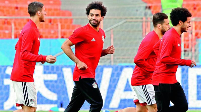 Mohamed Salah trains with the Egyptian team on Thursday, eve of their Group A match against Uruguay at the Yekaterinburg Arena (Photo:AP)