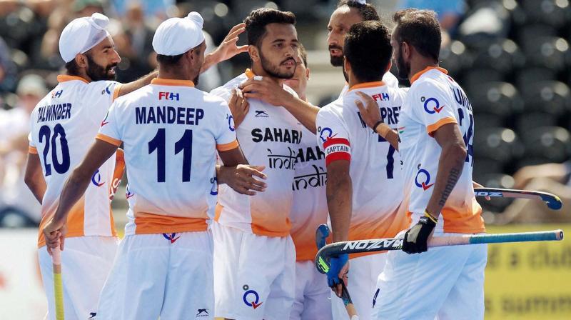 Indian team celebrates goal during the Mens World Hockey League, Pool B match against Scotland. (Photo:AP)