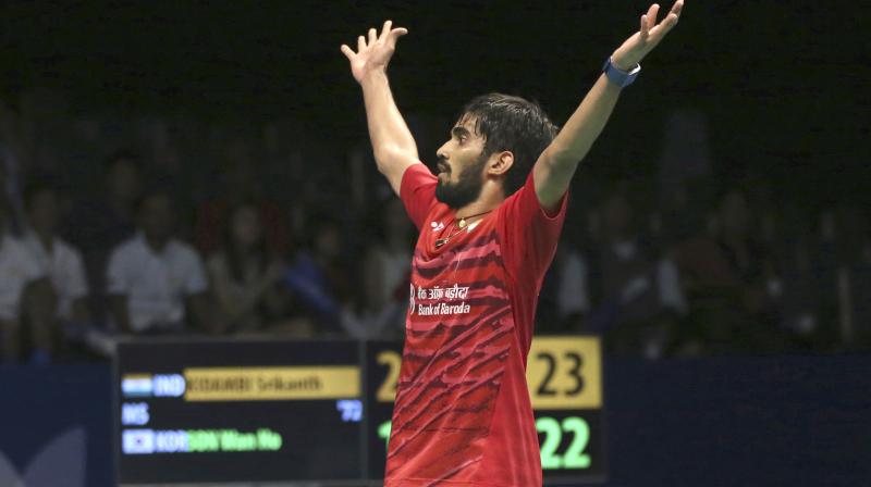 Indias Srikanth Kidambi reacts after defeating South Koreas Son Wan-ho during their mens singles semi final match at Indonesia Open badminton championship in Jakarta. (Photo:AP)