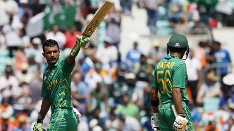 Pakistan batsman Fakhar Zaman celebrates after scoring a century during the ICC Champions Trophy final between Pakistan and India. (Photo: AP)