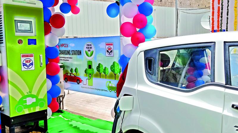 The charging station that was launched by Hindustan Petroleum Corporation at Raidurgam on Tuesday.