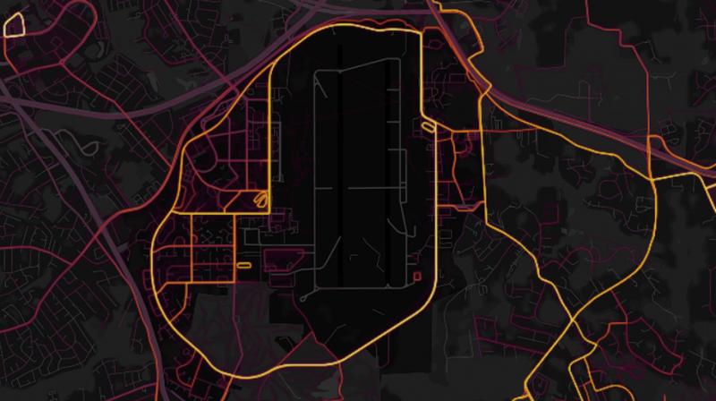 The map, made by Strava Labs, shows the movements of its app users around the world, indicating the intensity of travel along a given path -- a direct visualization of Stravas global network of athletes, it says. (Photo: Strava)