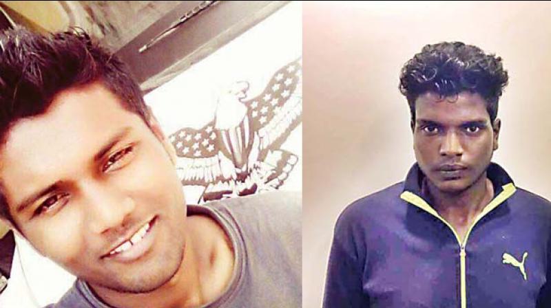 Sai Charan(22) died while trying to prevent the robbery, (right) The accused Johnson(21) who attacked policemen and tried to escape