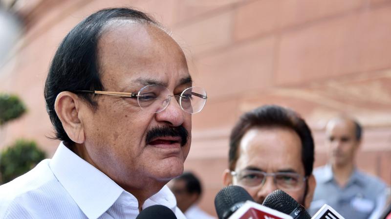 Union Minister for Information and Broadcasting M Venkaiah Naidu speaking to media at Parliament, in New Delhi. (Photo: PTI)