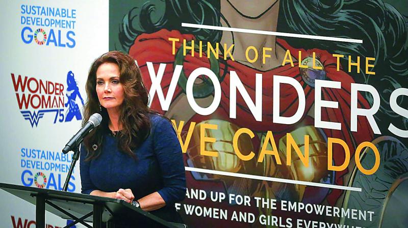 Lynda Carter, who played Wonder Woman on television, speaks during a U.N. meeting to designate the character as an Honorary Ambassador for the Empowerment of Women and Girls. (Photo: AP)