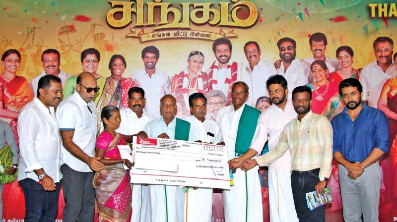 Suriya also gave away Rs 2 lakh to each of five farmers who had achieved and brought changes in their respective produce.