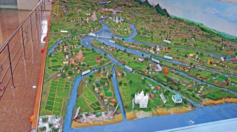 Nadanthai Vaazhi Cauvery  model depicting the journey of Cauvery from Coorg to Poompuhar   kept at the interpretation centre at Grand Anicut in Thanjavur district. (Photo: DC)