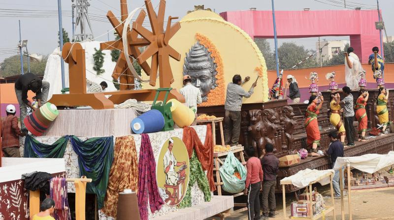 Khadi India tableau for the Republic Day parade during a press preview in New Delhi. (Photo: PTI)