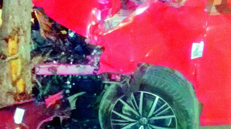The car which crashed into a tree in Banjara Hills on Tuesday.