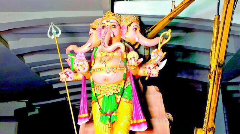 A Ganesh idol gets stuck at Saroornagar Metro Station on Tuesday.  (Photo: Anil Kumar Pokade)