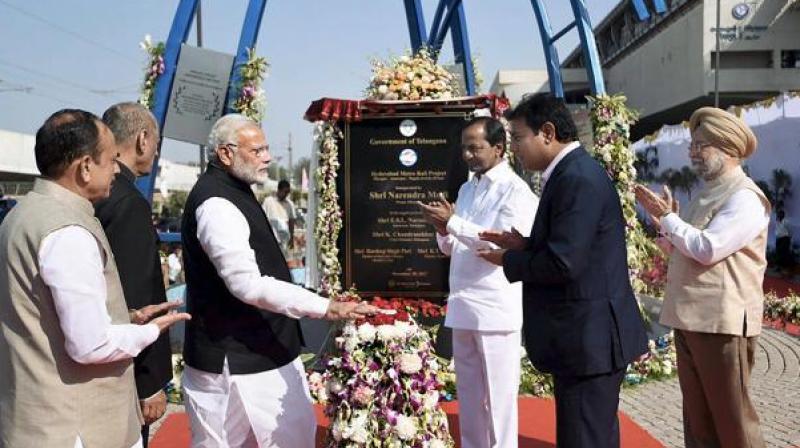 Prime Minister Narendra Modi had inaugurated the 30-km stretch of the metro rail project on November 28, 2017 between Miyapur and Nagole, which was a huge relief to Hyderabads residents facing traffic woes. (Photo: PTI)