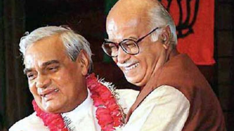 Vajpayee with his almost lifelong friend L.K. Advani after being announced as the BJPs prime ministerial candidate in 1995.