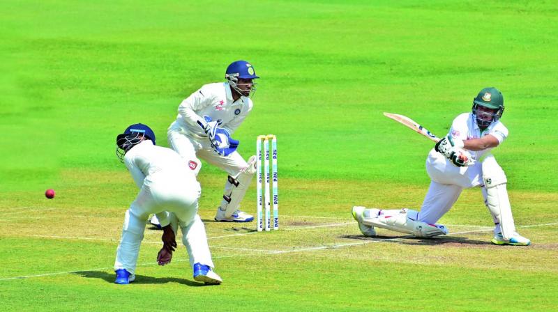 Shakib Al Hasan plays a shot during the third day of the Test against India in Hyderabad on Sunday (Photos: S. Surender Reddy)