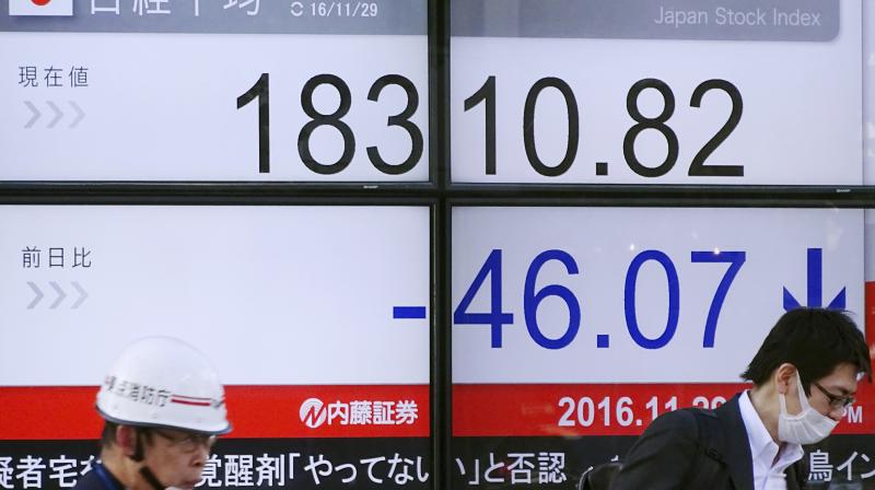 Men stand near an electronic stock board showing Japans Nikkei 225 index at a securities firm. (Photo: AP)