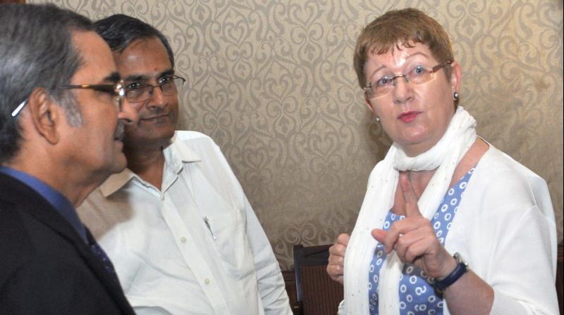 German Consul General Margit Hellwig-Boette along with CII-Sothern Region Water Taskforce chairman T.T. Ashok and former CII president P  Ganesh at the Water Summit organised by CII in Kochi on Thursday. (Photo: SUNOJ NINAN MATHEW.)