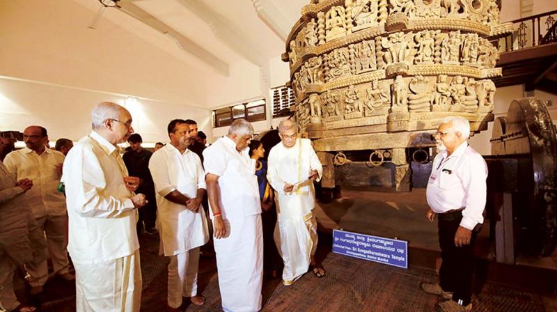 Dr Veerendra Heggade of Sri Kshetra Dharmasthala dedicates the Manjusha museum during the 51st Pattabhisheka anniversary celebrations, at Sri Kshetra Dharmasthala in Dakshina Kannada district on Wednesday.  (DC)