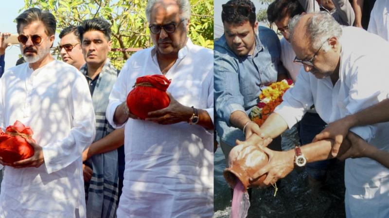 Boney and Anil Kapoor at the Ashti Visarjan of Sridevi in Haridwar on Thursday. (Photo: PTI)
