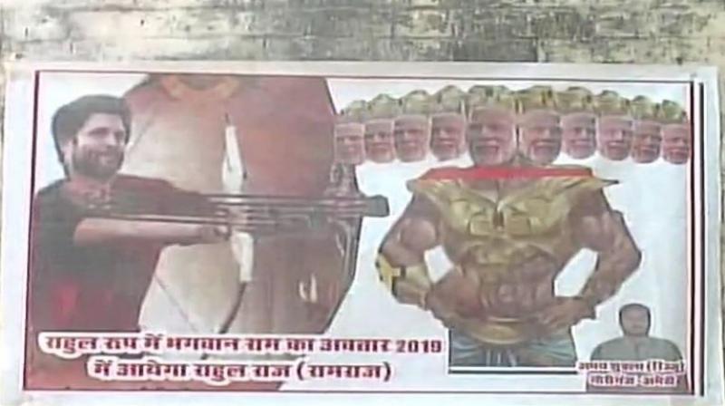 Posters eulogising Congress president Rahul Gandhi as an incarnation of Lord Rama slaying PM Narendra Modi, portrayed as the ten-headed demon king Ravan, appeared at various places in Uttar Pradeshs Amethi district. (Photo