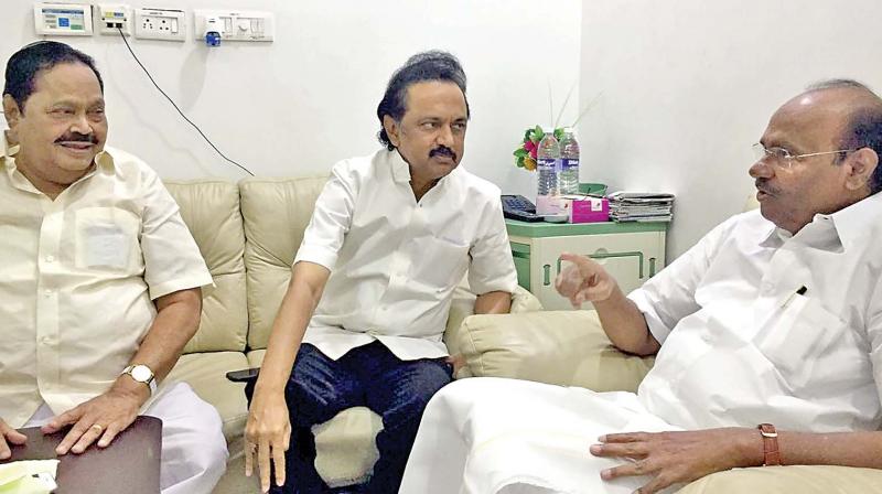 PMK founder Dr S. Ramadoss enquires about the health of DMK chief Karunanidhi to DMK Treasurer M.K. Stalin in Kauvery Hospital on Tuesday.(Photo: DC)