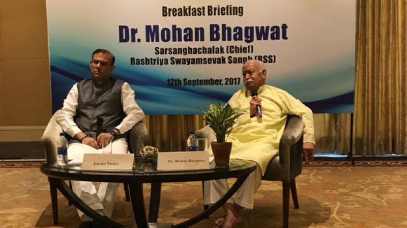 Rashtriya Swayamsevak Sangh (RSS) chief Mohan Bhagwat on Tuesday addressed the foreign diplomats at the seventh Breakfast Briefing session of the India Foundation in Delhi. (Photo: ANI | Twitter)