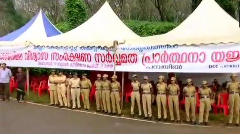 Heavy security deployment near Nilakkal, the base camp of Sabarimala Temple, as the portals are all set to open today. (Photo: ANI/Twitter)
